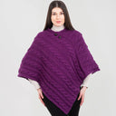 Fisherman Wool Buttoned Aran Poncho Purple Front View Gaelsong