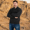 A20031 One Button Shawl Collar Irish Sweater Charcoal Lifestyle Gaelsong