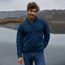 A20031 One Button Shawl Collar Irish Sweater Ocean Blue Lifestyle Gaelsong