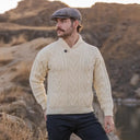 A20031 One Button Shawl Collar Irish Sweater Natural Lifestyle Gaelsong