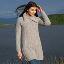 A20156 Asymmetrical Irish Sweater Coat with Chunky Collar Grey Lifestyle Gaelsong