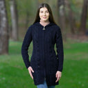 A20184 Aran Cable Knit Hooded Zip Coatigan Navy Gaelsong