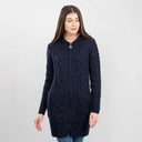 A20184 Aran Cable Knit Hooded Zip Coatigan Navy Gaelsong