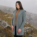 A20208 Women's Hooded Long Open Irish Cardigan Misty Blue Lifestyle Gaelsong