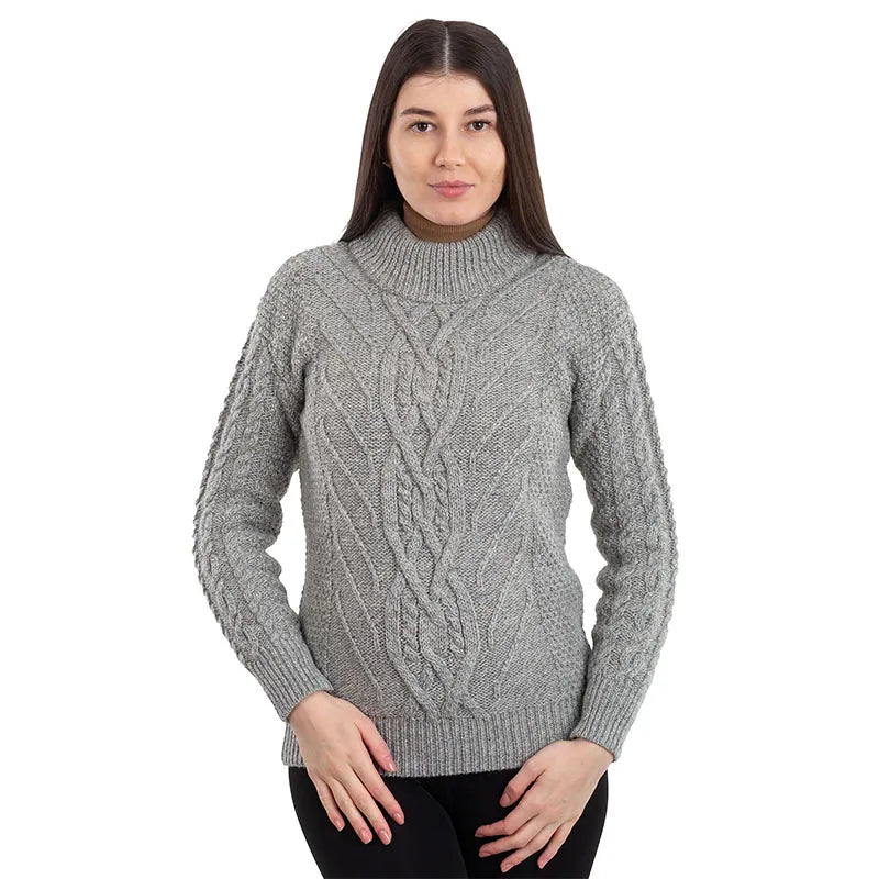 acka. neck details cable knit ニット グレー Women's Irish Cable Turtleneck Sweater | 100% Merino Wool