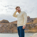 Men's Full Zip Merino Aran Cardigan White Lifestyle Gaelsong