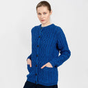 Traditional Ladies Irish Lumber Cardigan Blue Front View Studio Gaelsong