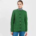 Traditional Ladies Irish Lumber Cardigan Green Front View Studio Gaelsong