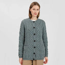 Traditional Ladies Irish Lumber Cardigan Misty Blue Front View Studio Gaelsong