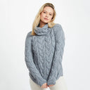 A20255 MISTY Grey Colour Chunky Cable Cowl Neck Irish Sweater Lifestyle Gaelsong