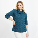 A20255 TEAL BLUE Colour Chunky Cable Cowl Neck Irish Sweater Gaelsongin Teal Blue Color Online on Gaelsong