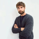 A20259 CHARCOAL Colour Traditional Merino V-Neck Aran Cardigan Closeup View Gaelsong