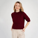 Womens Short Sleeve Aran Sweater Wine Front View Gaelsong