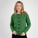 Classic Merino Wool Aran Knit Cardigan Green Front View Gaelsong