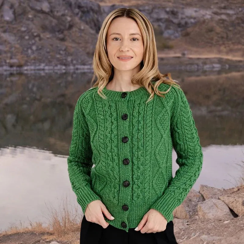 Classic Merino Wool Aran Knit Cardigan | Cropped Design| Gaelsong
