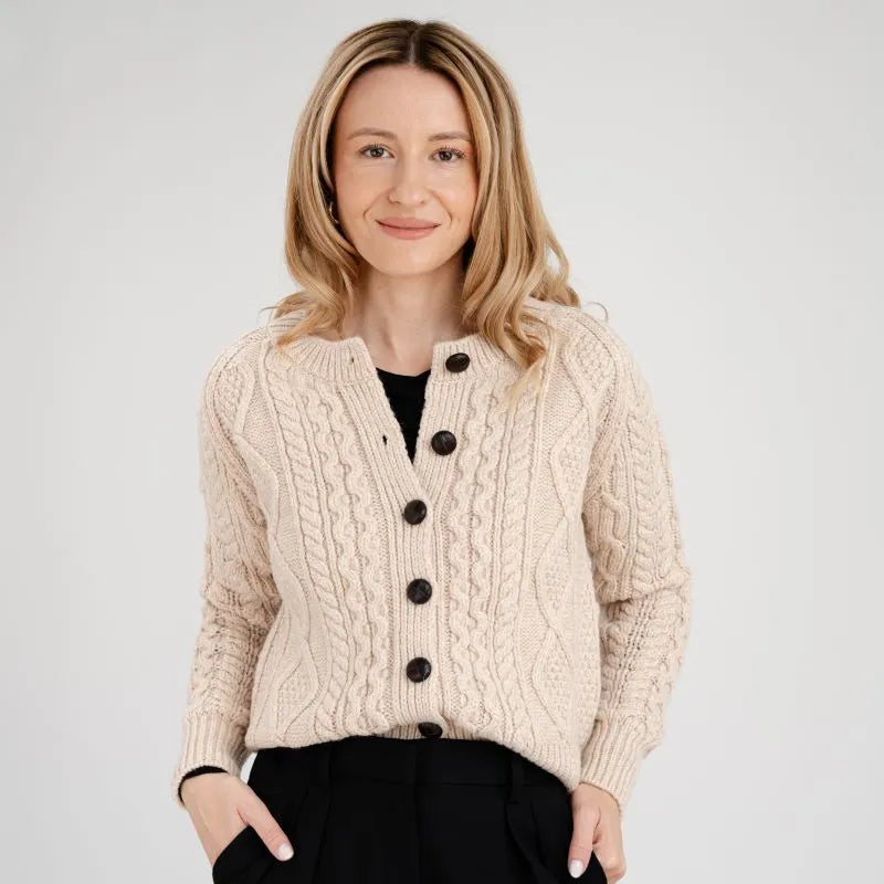 Classic Merino Wool Aran Knit Cardigan | Cropped Design| Gaelsong