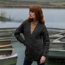 Merino Cable Knit Boyfriend Irish Cardigan Charcoal Lifestyle Gaelsong