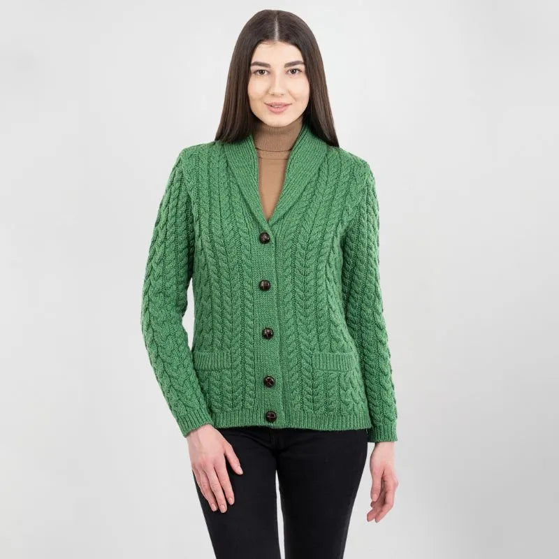 Ladies Merino Shawl Collar Irish Cardigan | 100% Merino Wool