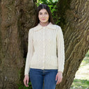 A20295 Ladies Aran Cable Knit Button Cardigan in NATURAL WHITE Colour Lifestyle Gaelsong
