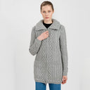 A20296 Ladies High Neck Merino Aran Zip Cardigan GreyColor Studio Gaelsong