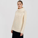 A20297 Funnel Neck Cable Knit Irish Sweater White Color Studio Gaelsong
