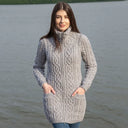 A20296 GREY Colour Ladies Irish Merino Aran Zip Cardigan Gaelsong