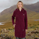 A20301 Women's Long Side Zip Irish Cardigan Wine Color Lifestyle Gaelsong