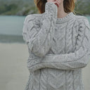 A20323 MISTY GREY Color SuperSoft Merino Oversized Cable Knit Sweater Sleeve Closeup View Gaelsong