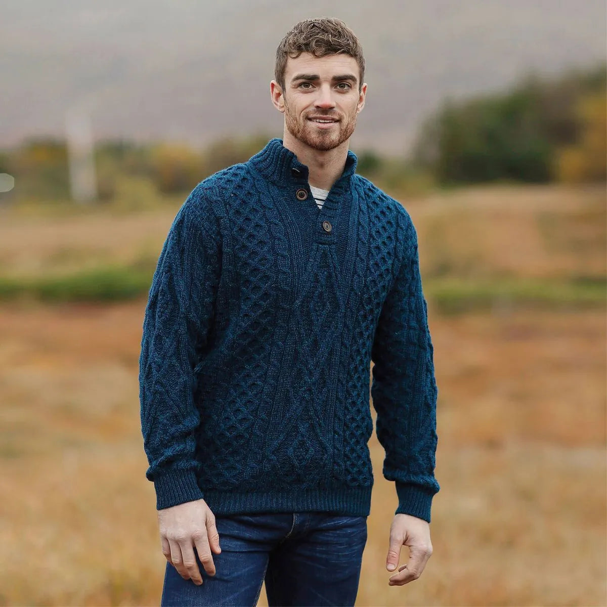 Irish Fisherman Button-up Turtleneck Sweater | 100% Merino Wool