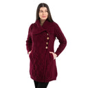 Merino Wool Long Cardigan with Aran Patterns Wine Front View Gaelsong
