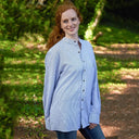 A60160 Women's Navy Striped Irish Linen Grandfather Shirt Gaelsong