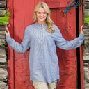 A60161 Women's Grey Striped Irish Linen Grandfather Shirt Front View Gaelsong