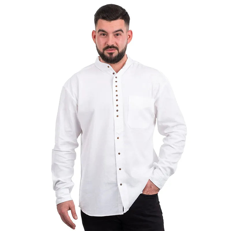 Irish Linen Collarless Granddad Shirt in White