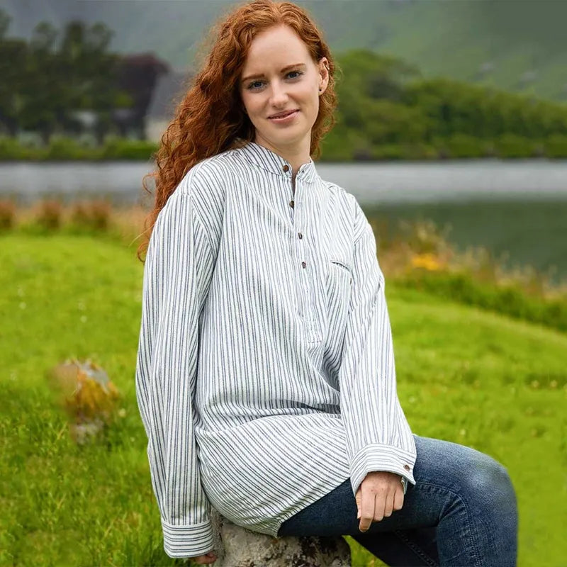 Women's Irish Collarless Grandad Shirt - Ivory Stripe | Gaelsong