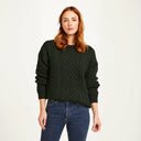 Women's Merino Crew Neck Aran Sweater Army Green Gaelsong