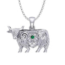 J24439EG Highland Cow Thistle Pendant with Gemstone Green Gaelsong