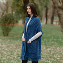 A10034 Fringed Pocket Shawl Blue Side View Gaelsong
