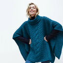 A10086 IRISH SEA Colour Supersoft Merino Cowl Neck Aran Poncho Gaelsong