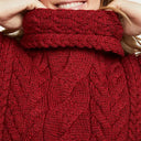 A10087 RUA RED Colour Aran Supersoft Merino Poncho with Cowl Neck Closeup Knit View Gaelsong