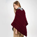Fisherman Wool Buttoned Aran Poncho Wine Back View Gaelsong
