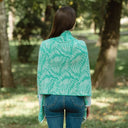 A10101 Newgrange Fern Design Irish Wrap in AQUA GREEN Colour Lifestyle Back Side View Gaelsong
