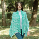 A10101 Newgrange Fern Design Irish Wrap in AQUA GREEN Colour Lifestyle Multiple Styling Gaelsong
