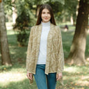 A10101 Newgrange Fern Design Irish Wrap in FAWN BROWN Colour Lifestyle Different Styling Gaelsong
