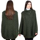 A10103 Irish Knit Cable Poncho with Button Collar ARMY GREEN Studio Gaelsong

