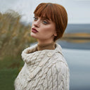 A10103 Irish Knit Cable Poncho with Button Collar PARSNIP Closeup Design Knit Gaelsong
