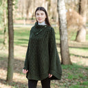 A10103 Irish Knit Cable Poncho with Button Collar Army Green Color Lifestyle Gaelsong
