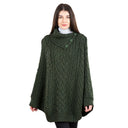 A10103 Irish Knit Cable Poncho with Button Collar Army Green Color Front View Gaelsong
