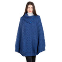A10103 Irish Knit Cable Poncho with Button Collar Blue Color Front View Gaelsong
