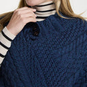 A10105 ATLANTIC BLUE Colour V Shaped Merino Wool Aran Poncho Closeup View Gaelsong
