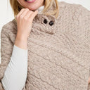 A10105 MISTY BEIGE Colour V Shaped Merino Wool Aran Poncho Closeup View Gaelsong
